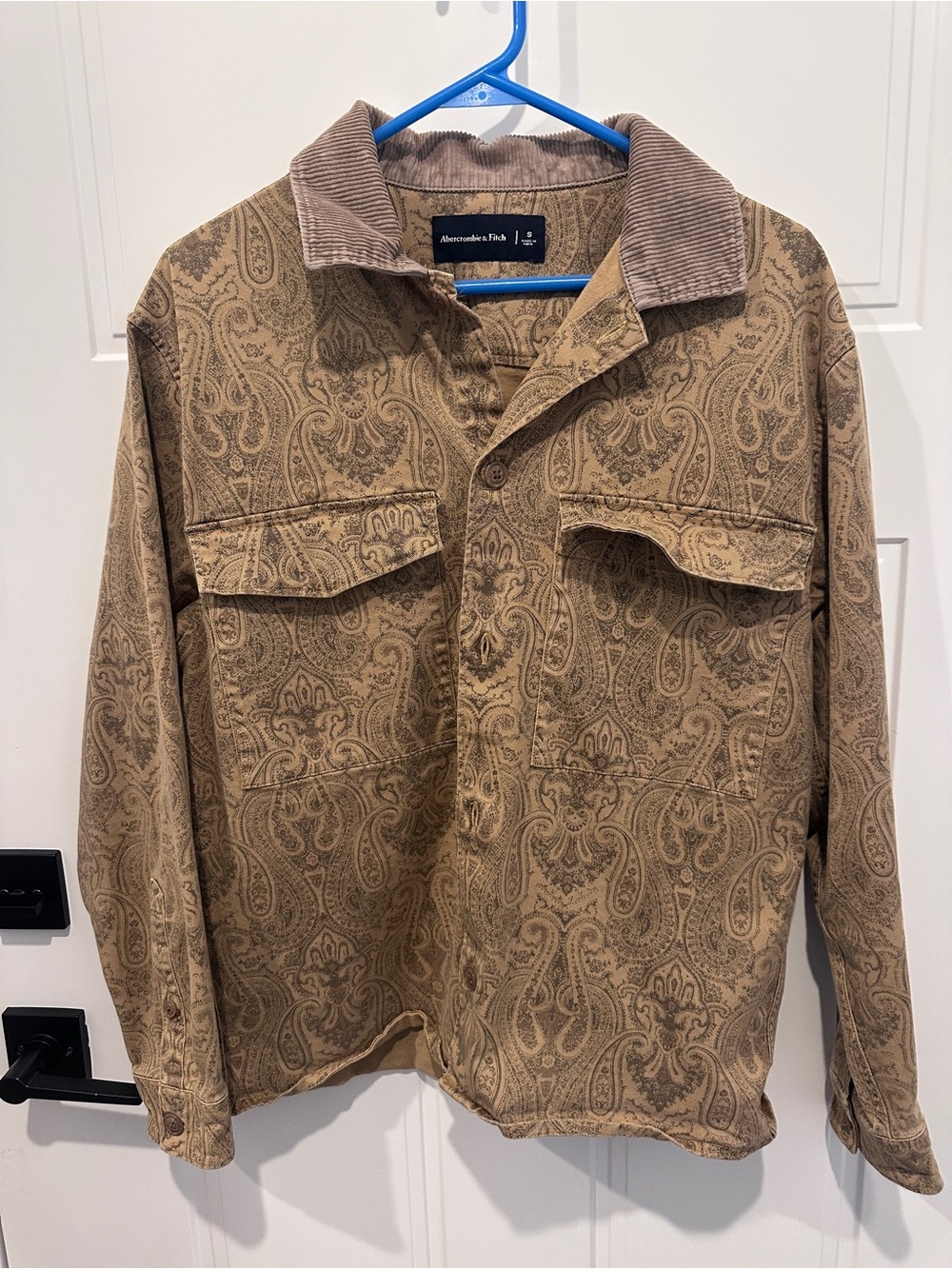 Abercrombie & Fitch Tan Paisley Button Shirt Jacket with Corduroy Collar